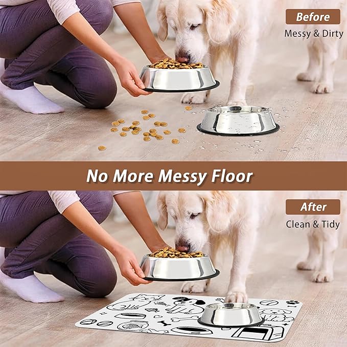 Cute Cat Bird Paw Print Dog Cat Food Mat,Absorbent Pet Feeding Mat with Rubber Backing,Non-Slip Water Bowl Placemat,Indoor Pet Accessories Supplies 16"x24"