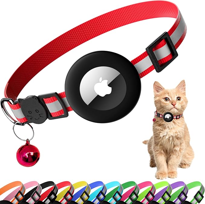 Cat Collar with Air Tag Holder, Reflective Kitten Collar with Bell, Breakaway Airtag Cat Collar for Boys Girls Cats, GPS Tracker for Cats 0.4’’ Width Adjustable Safe Kitty Collar, Red