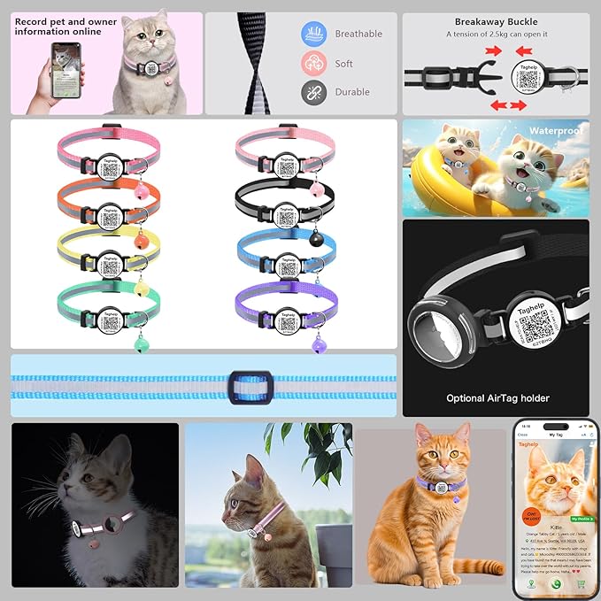 2 Pack Solid & Safe Safety Kitten Collars with Smart QR Code ID Tag for Girl Boy for Cats, Pet Collar, Breakaway Cat Collar,Silent, Lightweight,Durable QR Code Pet ID Tags (Blue)