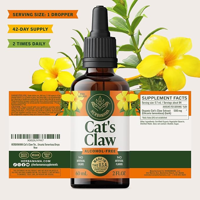 HERBAMAMA Cat's Claw Tincture - Vegan Cat's Claw Extract Supplement for Immune Support - Non-GMO, Alcohol & Sugar-Free Uncaria Tomentosa Drops