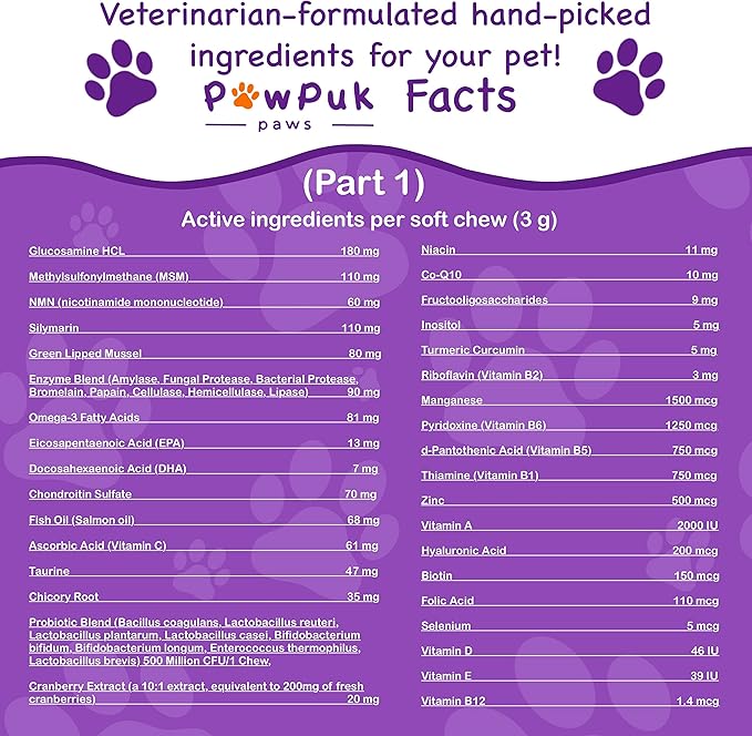 Multifunctional Dog Supplements and Vitamins, Silymarin, Green Lipped Mussel, Glucosamine, MSM, Salmon Oil, Probiotics, Co-Q10, NMN, Antioxidant, Immune, Gut, UTI, Radiant Skin & Coat