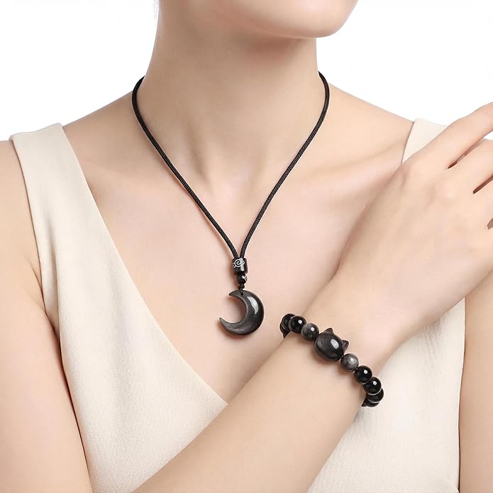 Black Obsidian Cat Bracelet and Moon Pendant Necklace Jewelry Set-Cat Lover Gifts,Wealth Attraction,Good Luck,Bead Bracelet,Mindfulness,Beaded Bracelets, Obsidian Pendant Necklace-Cute Gifts for Women