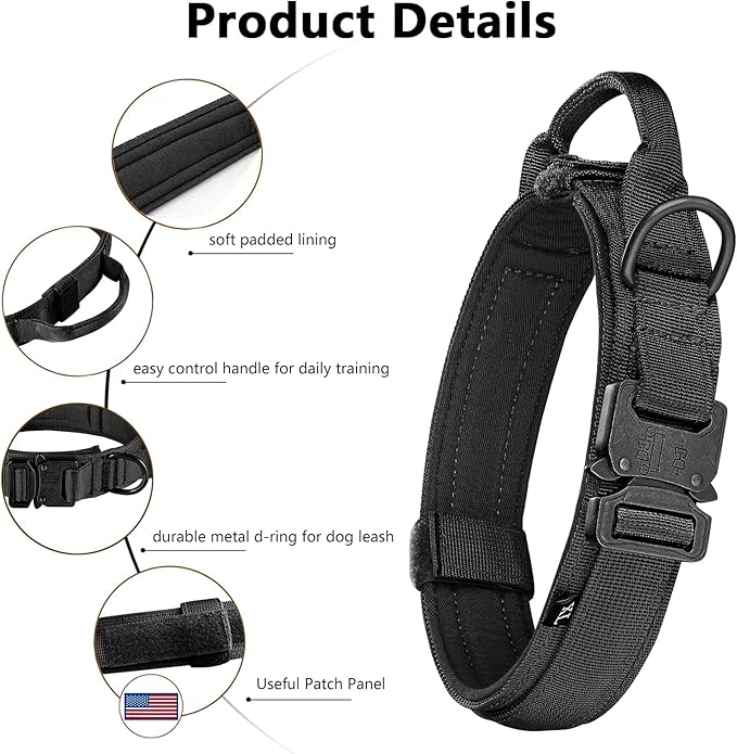 DAGANXI Tactical Dog Collar Leash Set, Adjustable Military Training Nylon Dog Collar with Controll Handle and Heavy Metal Buckle for Medium and Large Dogs，with Patches and Airtags Case (L, Black-Set)