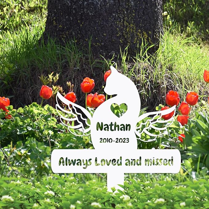 Personalized Cat Memorial Stake Outdoor Metal Memerial Plaque, Custom Pet Cat Memerial Grave Marker Remembrance Marker with Wings and Heart, Customized Animal Cat Memorial Garden Stake