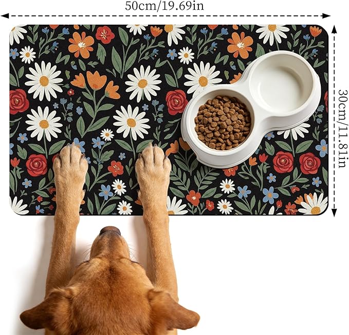 Dog Cat Food Mat - Absorbent Quick Dry Dog Bowl Mats for Food and Water, Anti Slip Cat Feeding Placemat for Floors, Diatomite Pet Dish Matts Accessories Supplies, Floral Style, 12 * 20in