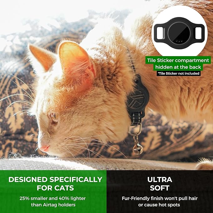 Tile Sticker Holder Cat Tracking Collar (2024) - Breakaway, Reflective Kitten Collar with Bell and Holding Case for Tile by Life360 (Red)