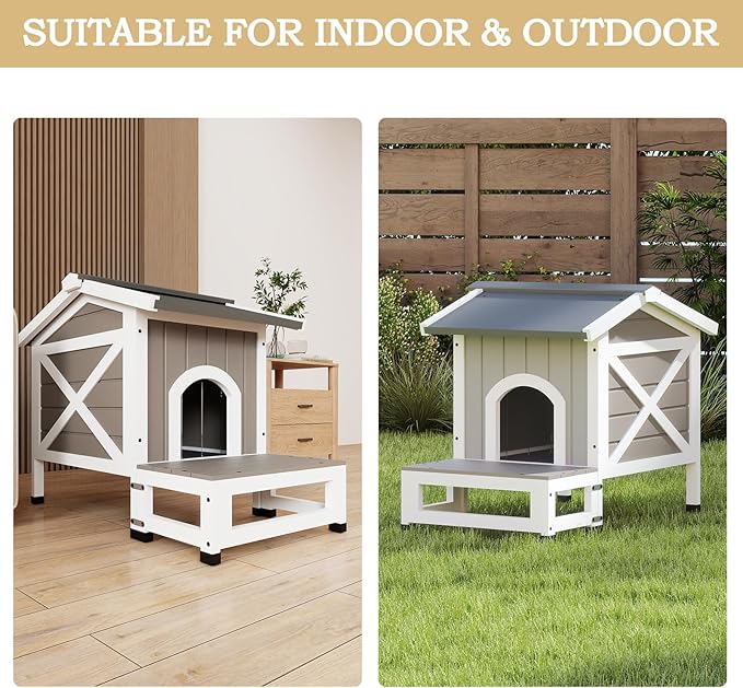Cat House with Dual Escape Doors,Fir Wood Feral Cat Shelter for 1-2 Cats with Large Balcony,Weatherproof Feral Cat Enclosure with Elevated Floor|Openable Roof for Indoor Outdoor,Grey