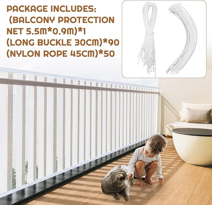 Hosuly Banister Guard 30 x 3 ft Balcony Netting for Kids Pets Stairway Safety Net Baby Fence Door Balcony Netting Safety Mesh Stair Net with No Drilling for Apartment Railing(White)