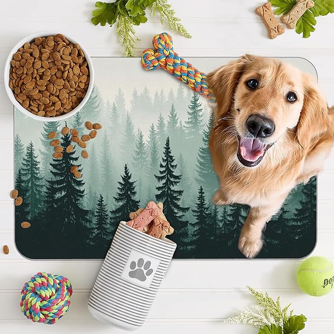 Misty Forest Pet Feeding Mat,Absorbent Quick-Dry Cat Dog Food and Water Bowl Mats,Non-Slip Rubber Backing Mat,Cat Dog Accessories Supplies 12"x20"