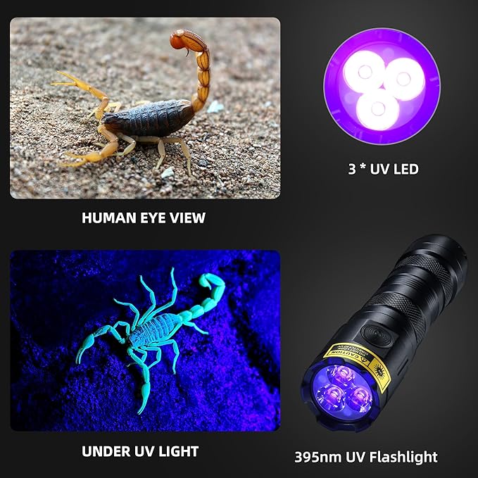 DARKBEAM UV Flashlight 395nm Black Light, 3 LEDs 20W Powerful Ultraviolet Flashlights Rechargeable, Mini Woods Lamps Long Life for Resin Curing, Pet Urine Detection, UV Nail Glue, AC Leak