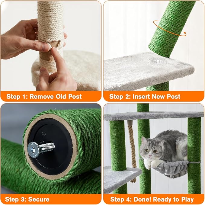 4 Pack Cat Scratching Post Replacement, 15.7 x 3.1 Inch Sisal Poles with M8 Screws, Refill Parts for Indoor Cat Towers and Furniture Repair-Green