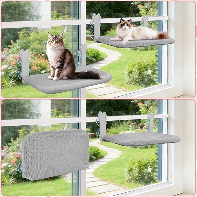 2 Pack Cat Window Perch,Cat Window Hammock Cordless Foldable Window Bed with 4 Large Strong Suction Cup,Reversible Cushion Cover,Metal Frame Easy to Adjust Window Seat Holds up to 40lbs(Gray，M)