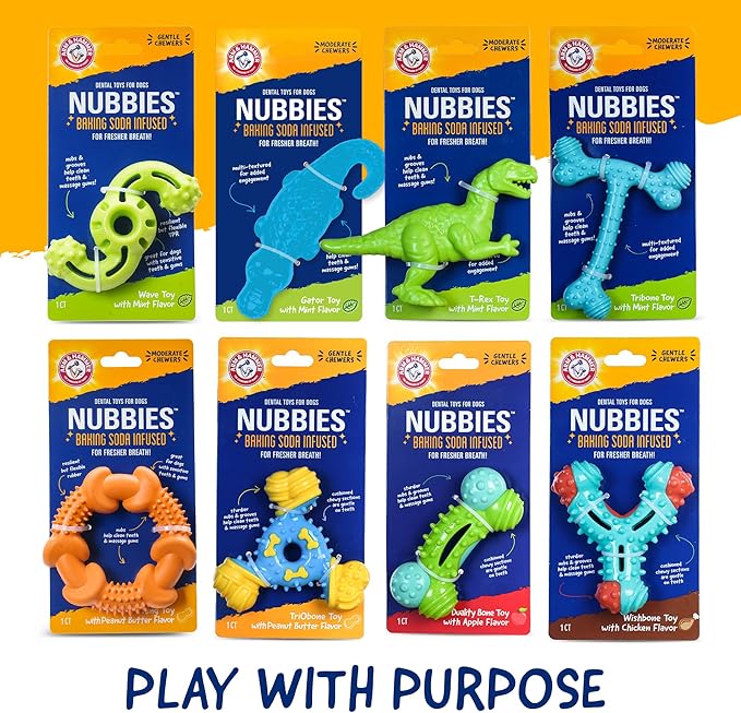 Arm & Hammer Nubbies T-Bone Dental Dog Chew Toy with Peanut Butter Flavor, Textured Chew Toy Designed to Help Clean Teeth and Support Oral Care for Dogs Up to 35 lbs - 2 Pack