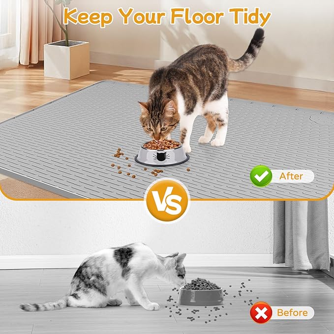 Lanstics Cat Food Mat, 50" x35" Large Silicone Mat Cat Feeding Mat with Raised Edge Non-Slip Pet Feeding Mat for Food and Water Bowl, Easy to Clean, Floor Protection (Gray)