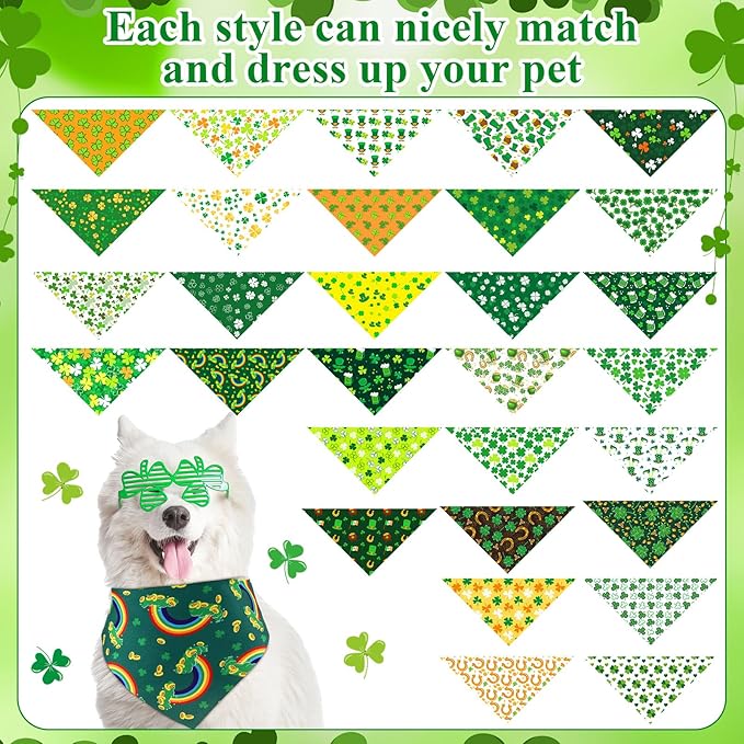 Sanwuta 120 Pcs St. Patrick's Day Dog Bandanas Bulk Shamrock Bandanas for Dogs St. Patrick's Day Adjustable Washable Pet Triangle Scarf Green Dog Scarf for Small and Medium Pets, 30 Styles