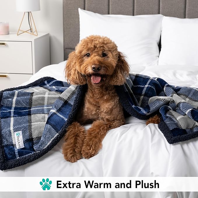 PetAmi Dog Blanket for Bed, XL Pet Blanket Large Dogs, Fleece Furniture Couch Cover Protector Sofa Car Crate Kennel, Soft Sherpa Cat Throw Plush Reversible Washable, Twin 60x80 Plaid Navy Blue