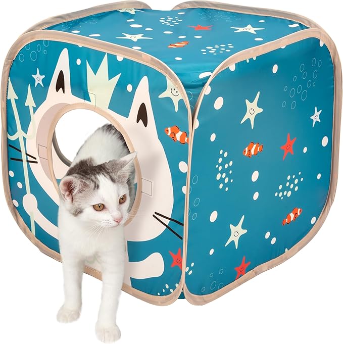 Kitty City Ocean-Themed Cat Play Furniture Set, Collapsible Pop-Up Cat Toys Combo with Cube, Tunnel & House, Indoor Cat Playground for Play, Hiding & Lounging