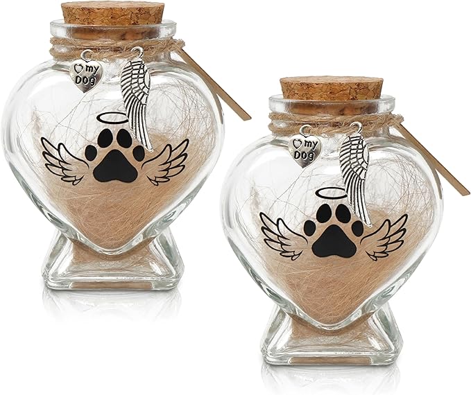 Pet Memorial Gift for Loss of Dog or Cat, 2 PCS Heart Shape Glass Jar & Bottle for Fur, Hair, Whiskers or Ashes Keepsake Urn with Cork Top, Charms for Cute Rainbow Bridge Memorial, Dog