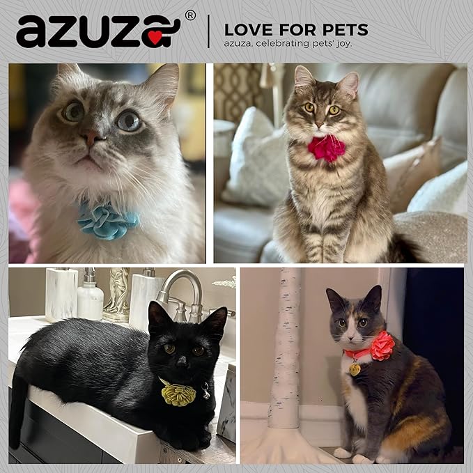 azuza 2 Pack Cat Collar Floral with Bell and Removable Flower Bowtie Breakaway Adjustable Velvet Fabric Cat Collar for Pets and Daily Decoration, Christmas Green & Light Green