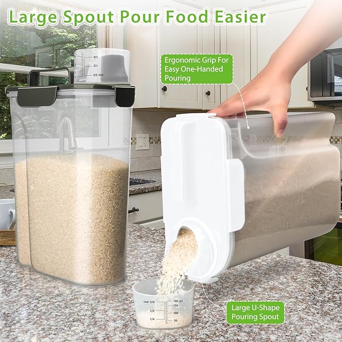 Rice Storage Container, 5 to 10lb Dry Food Airtight Dispenser, Pet Dog Cat Food Canister, BPA Free Clear Plastic Kitchen and Pantry Organization Bin for Oatmeal, Grain, Cereal, Pasta, Flour