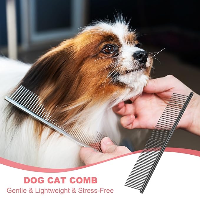 Dog Cat Comb, Pet Combs Stainless Steel Teeth with Rounded Ends for Knots Mats Loose Hair Removal, 7.5IN (Black Plated, 3 Pack), Grooming Tool Intended for Long Curly Hair Pet