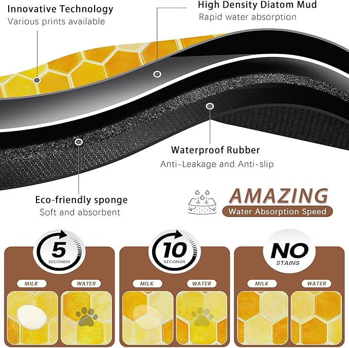 Honeycomb Bee Geometric Dog Food Mat for Floors,Absorbent Quick-Dry Pet Feeding Mat,Cat Dog Bowl Mats for Food and Water,Non-Slip Pet Accessories Supplies 12"x20"