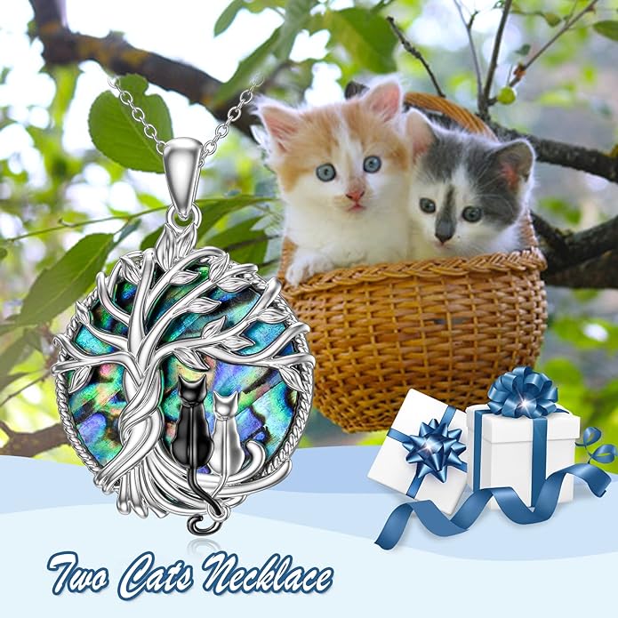 TOUPOP Cat Gifts for Cat Lovers Sterling Silver Cute Cats Tree of Life Pendant Necklace with Blue Circle Crystal Birthday Christmas Jewelry Gifts for Women