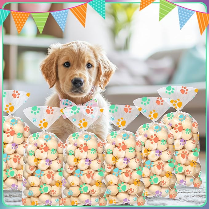 Blulu 200 Pcs Spring Dog Treat Bags Pet Paw Cellophane Bags Dog Party Favor Heat Sealable Treat Paw Gift Cat Candy Bag with 200 Silver Twist Ties for Pet Party Favors
