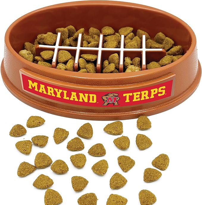 NCAA Super-Bowl Slow Feeder Dog Bowl. Football Design Slow Feeding Cat Bowl for Healthy Digestion. Non-Slip Pet Bowl for Large & Small Dogs & Cats (Maryland Terrapins)