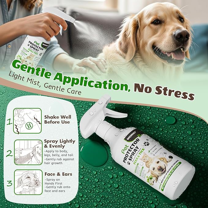 Flea & Tick Spray for Dogs & Cats, Plant-Based Formula with Lemongrass, Spearmint & Clove, Removes & Repels Fleas, Ticks, Mites, Lice & Mosquitoes, Gentle Daily Protection for Home & Pets