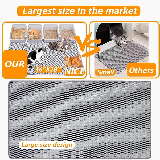 Large Cat Litter Mat, 46x28 Inches Extra Large Double Layer Honeycomb Cat Litter Trapping Mat, Non Slip Waterproof Urine Proof Mat, Scratch Resistant Durable Litter Rug
