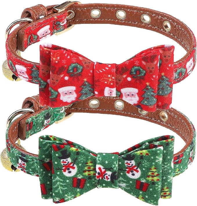 PUPTECK Puppy Collar with Bell XXS Dog Collar Charm Adjustable Bowtie Soft Leather for Cats Kittens Extra Small Dogs 2 Packs