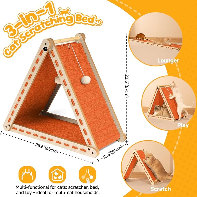 Cat Scratcher with Ball Toy Foldable Cat Scratch Pad Felt Triangle Scratchers for Indoor Cats Large Cat Scratching Board Mat Cats Scratch Furniture Protector Kitten Toys Orange