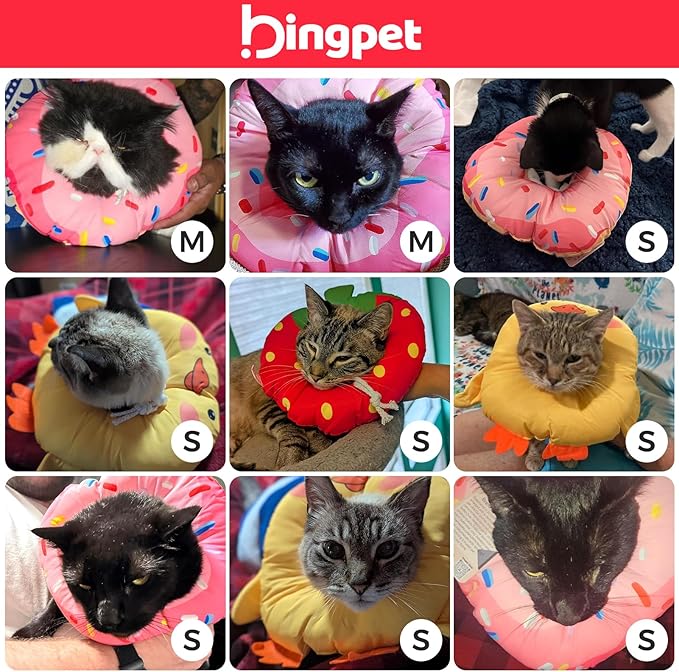 BINGPET Cat Cone Collars Soft,Cat Recovery E Collars After Surgery to Stop Licking,Waterproof Adjustable Elizabeth Neck Cones Cute Pet Donut Pillow for Cats Kitten Puppy Wound Healing After Surgery,S