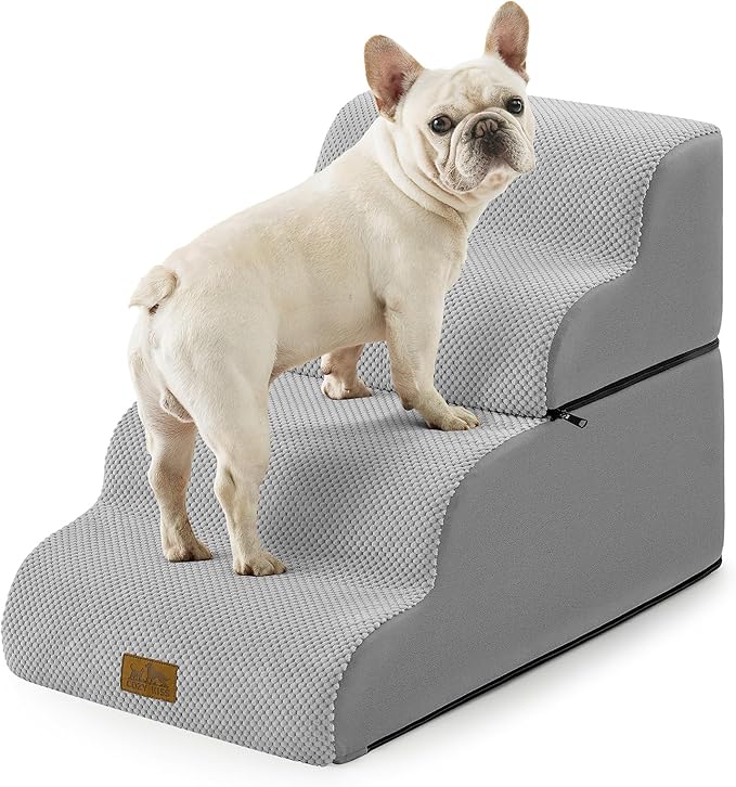 Detachable Curved Wide Dog Stairs 19.7" H, 4 Step Small Dog Step for Puppy or Older Cat, Ramp for Bed, Sofa, Couch or Chair, Ladder with High Density Foam, 17.7x28.3x19.7 inch, Grey