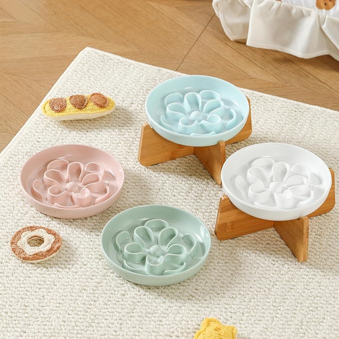 Elevated Slow Feeder Cat Bowl - Melamine Cat Dish with Anti-Slip Bamboo Stand - Whisker Friendly Feeding Bowl - Floral Maze Food Plate for Slow Eating - White