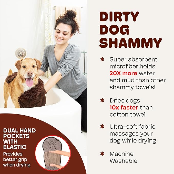 Dog Gone Smart The Dirty Dog Shammy - 2-Pack, Fast Drying Plush Shammy Towel with Dual Hand Pockets and Elastic - Super Absorbent Microfiber and Machine Washable - 31 × 13 in, Brown
