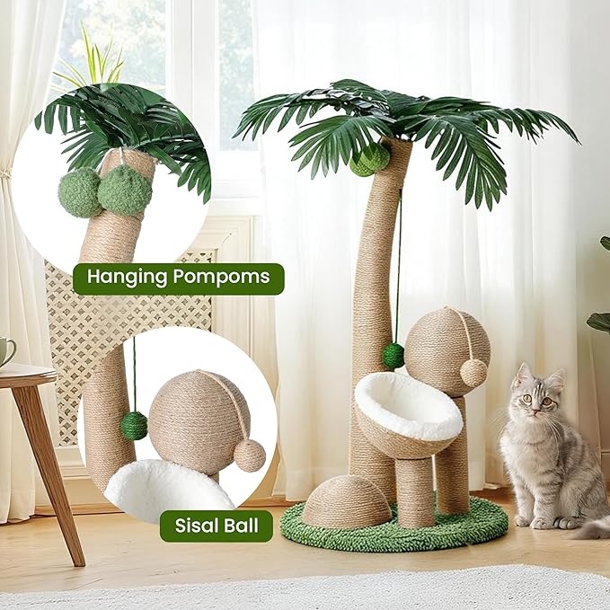 43 Inches Tall Cat Scratching Post for Large Cat, Coconut Tree Shaped Sisal Scratcher for Indoor Cat with Pompoms