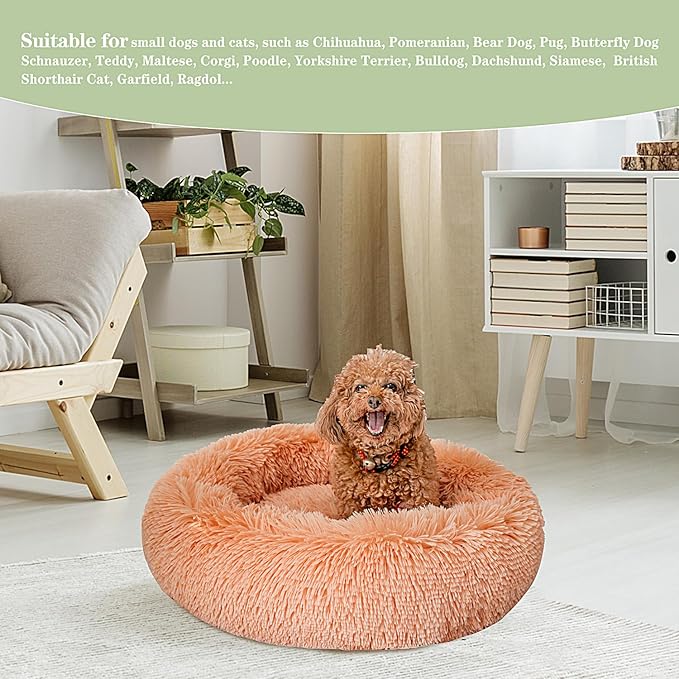 Calming Dog Bed for Small Dogs Cats, Kitty Puppy 23'' Round Anti-Anxiety Warm Fluffy Plush Faux Fur Bed, Soft Anti-Slip Donut Washable Small Pet Bed, Cozy Cat Puppy Bed, Fits up to 30 lbs Pets