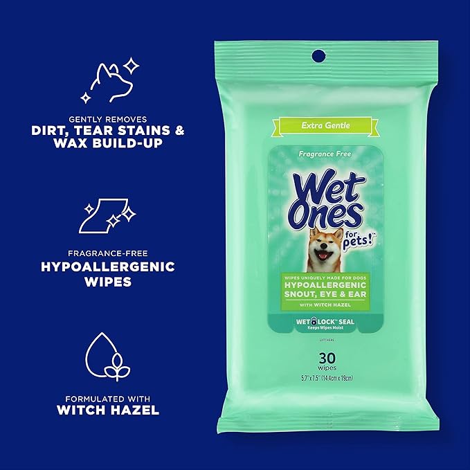 Wet Ones for Pets Extra Gentle Dog Wipes with Witch Hazel for Snout, Eye, Ear - Fragrance-Free Wipes with Wet Lock Seal, 30 Count (Pack of 2)