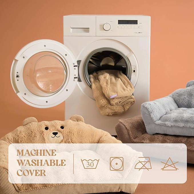 LE SURE Cat Bed for Pets - Fluffy Cat Couch with Original Bear Design, Fuzzy Cats Sofa with Removable Washable Cover, Supportive Pet Chair, 24inch, Almond