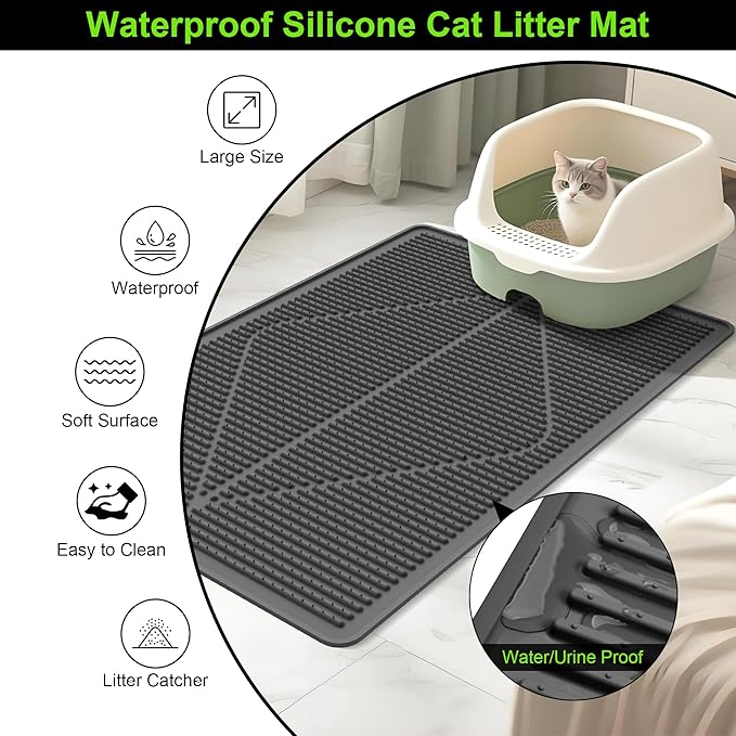 Mofason Rubber Cat Litter Mat - Kitty Litter Box mat - Silicone Litter Trapping Catcher Mat - Cat Supplies & Accessories for Indoor Cats (24" x 15") - Black