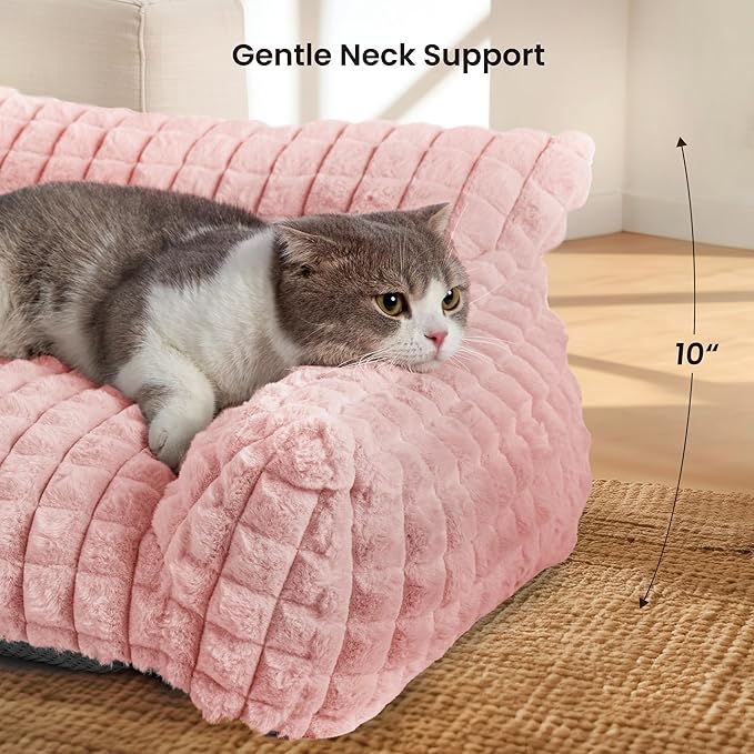 Cat Bed for Indoor Cats - Cute Pink Cat Couch Beds, Fluffy Pet Couch with Faux Rabbit Fur Washable Cover, Fuzzy Pet Sofa in 3D Diamond Pattern, 24inch