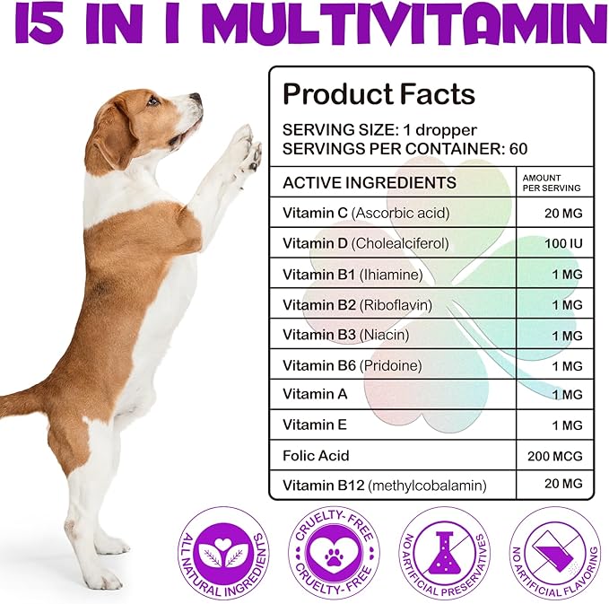 Dog Multivitamin,15 in 1 Dog Multivitamin Liquid Drops Supplements, Dog Vitamins for Heart Health, Bones, Joint, Skin & Coat, Bladder, Immune System Support 60ml-2pcs