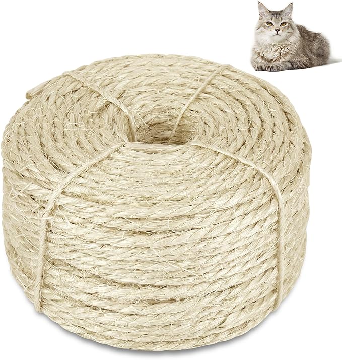 50 Feet Sisal Rope for Cat Scratching Post, 1/4 Inch Natural Cat Tree Rope, DIY Hemp Twine Rope for Repairing, Recovering Scratch Post Cats Tree Tower Replacement (Natural)