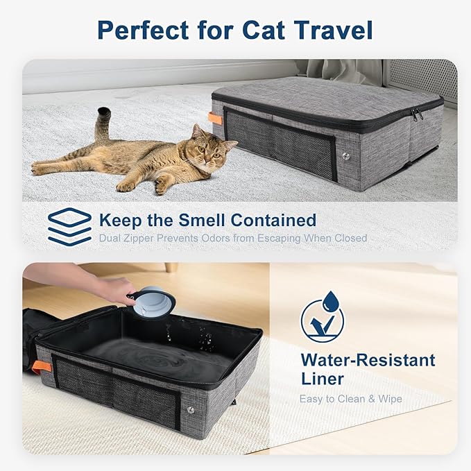17.7''x 13.5''x 13.7" Travel Litter Box for Cats, Collapsible Cat Litter Box with Lid, Portable Cat Box with Zipper & Hard Bottom, Leak-Proof Kitty Litter Pan for Car Hotel Airplane, Water-Resistant