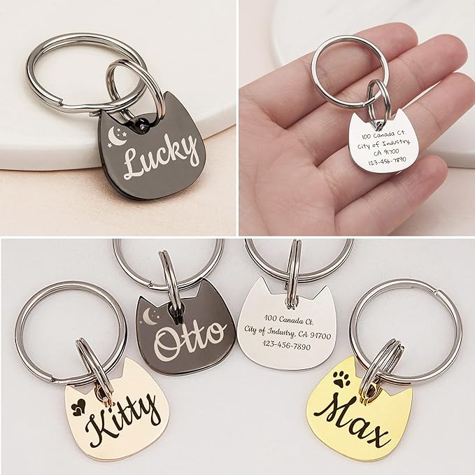 Anavia Small Size Dog Cat ID Tags, Small/XS Personalized Color Plated Stainless Steel Puppy Kitten Name Tags, Customized Engraved Nameplate Pet Collar Tag (Black, Cat Head)