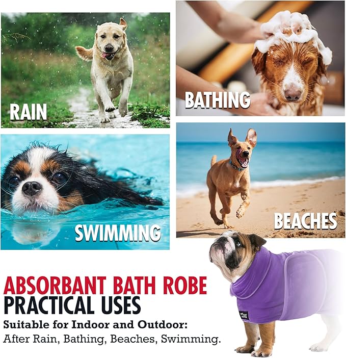 Tuff Pupper Fast Drying Dog Bath Robe | 800 GSM Plush Dog Towel Bathrobe/Dressing Gown | Super Absorbent Pet/Puppy Bathrobe | Adjustable Hood & Belly Strap | Super Soft | Fast Drying (S, Purple)