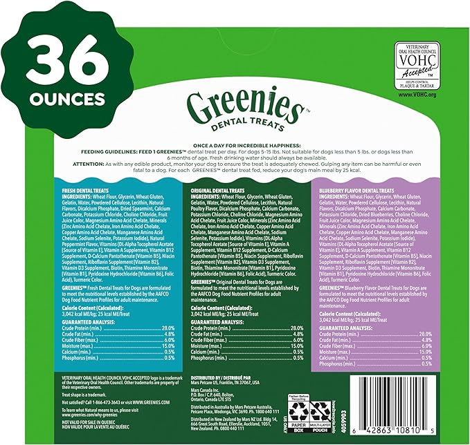 Greenies Dog Treats Veterinarian-Recommended Natural Dental Treats for Dogs, Teenie Size, Variety Pack Flavor, (3) 12 oz. Packs, 130 Count