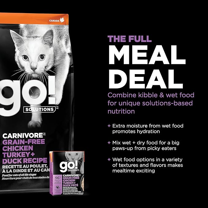 Go! Solutions Carnivore Chicken, Turkey + Duck Grain-Free Dry Cat Food, Our Highest-Protein Kibble Made with Real Meat & Fish, Cranberries for Urinary Health, for Kittens, Adults & Seniors, 8 lb Bag